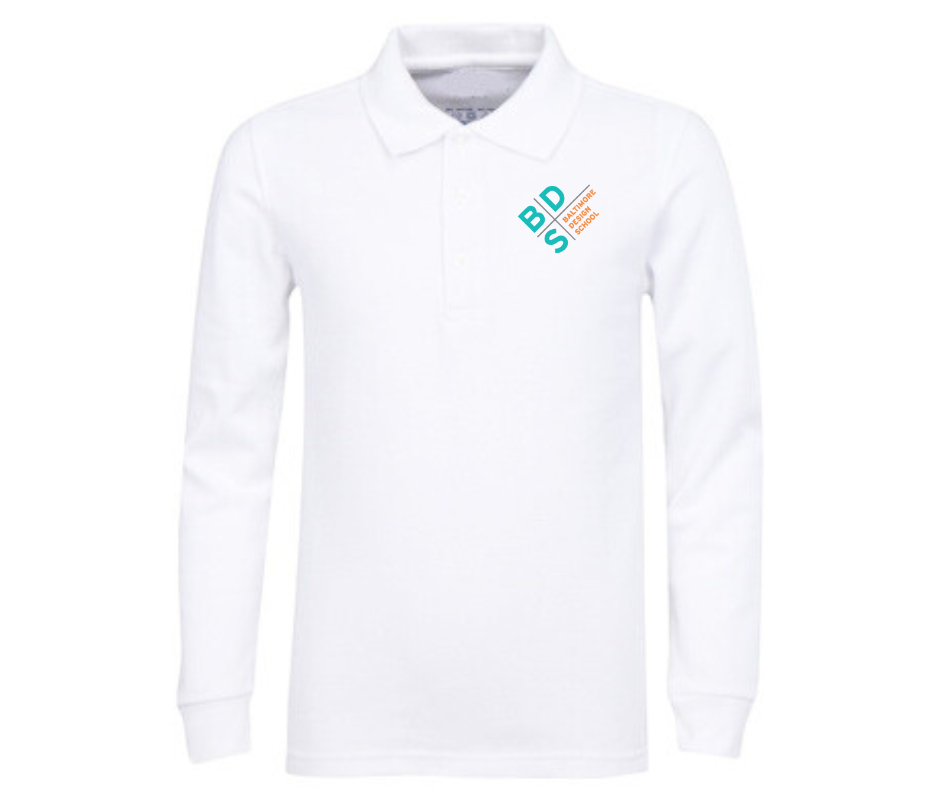 Youth White Long Sleeve Uniform Polo- BDS