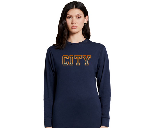 Navy City College Heavyweight Long Sleeve Chain Stitched Tee
