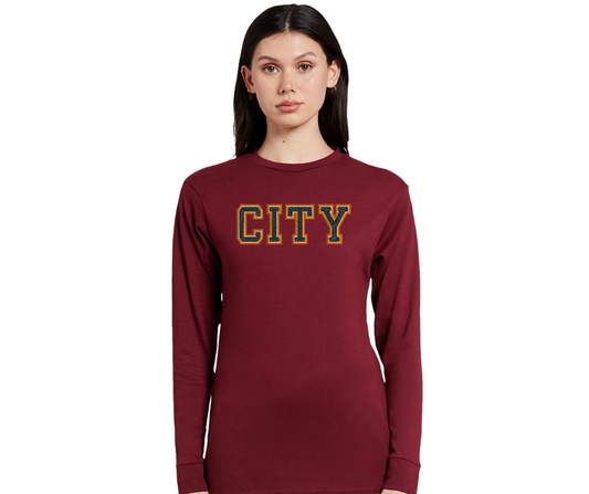 Burgundy City College Heavyweight Long Sleeve Chain Stitched Tee